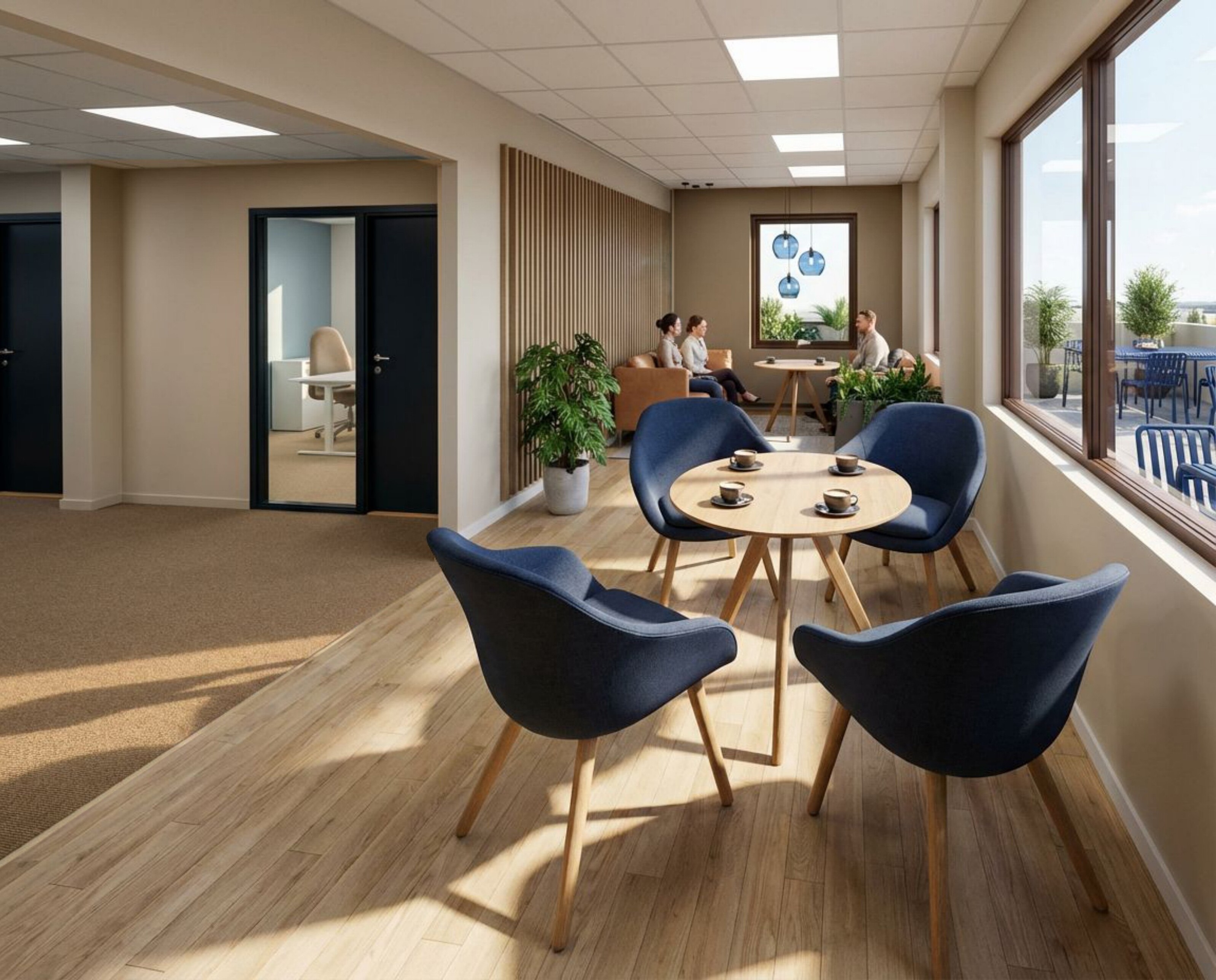 Sosial sone med utsikt mot takterrasse – R68, 3. etasje