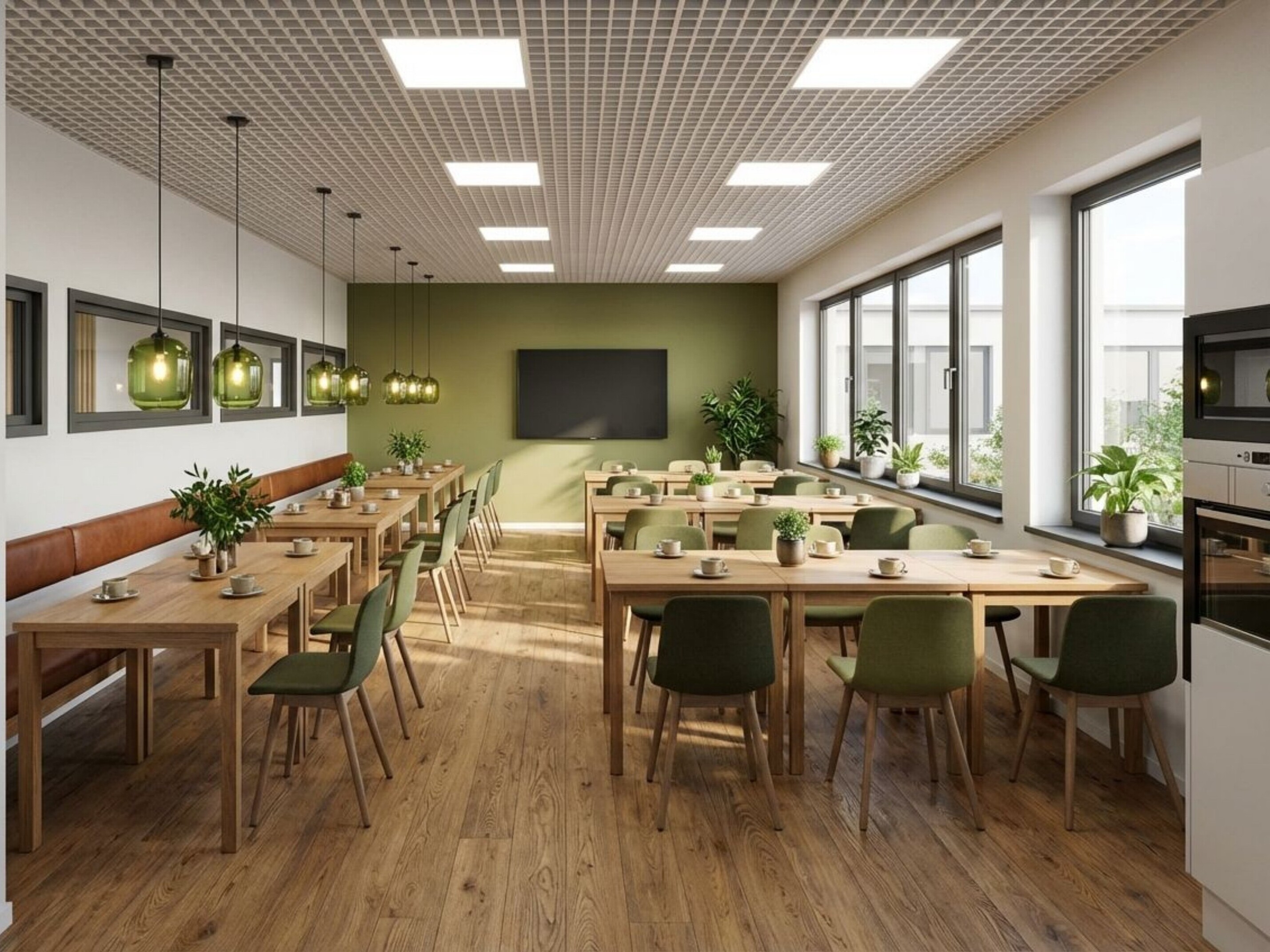 Kantine med grønne aksenter og overlys – R68, 3. etasje